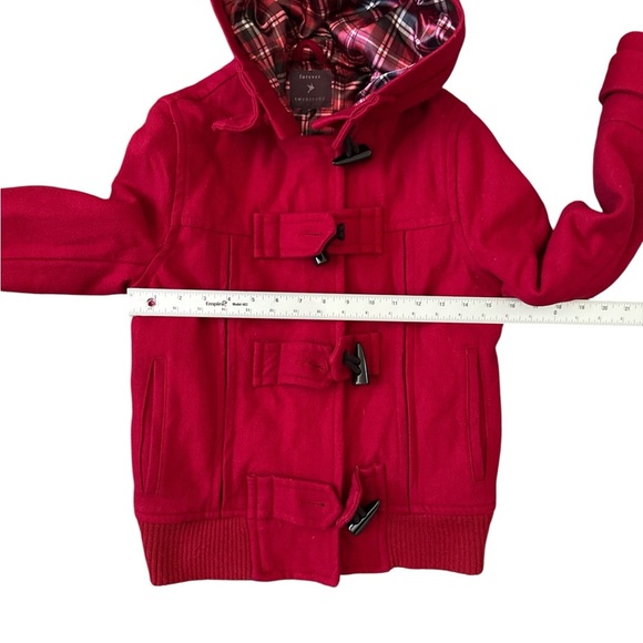 Forever 21 Red Toggle Button Hooded Jacket Women’s Size Small | Plaid Lined Coat - Picture 7 of 8